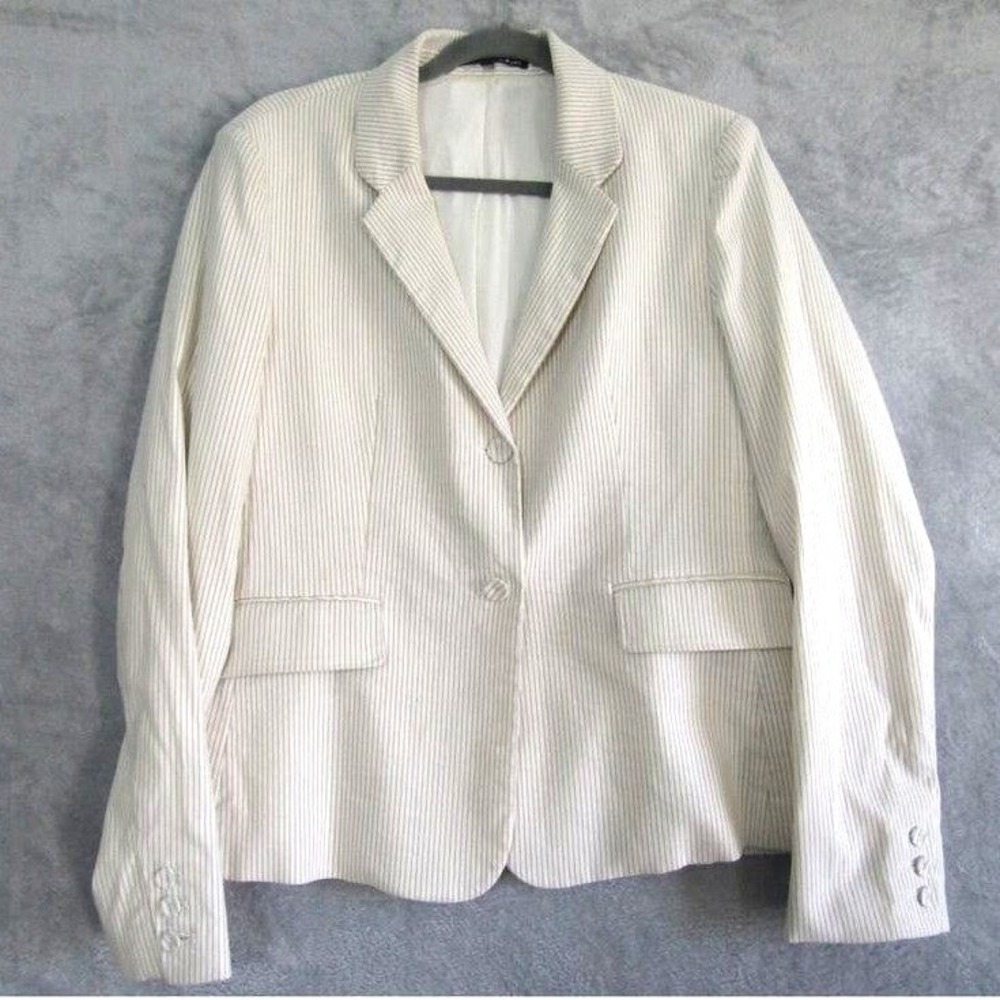 Amanda + Chelsea Beige Pinstripe Blazer Women's XL Lined Two Button Career Jacke - Picture 2 of 8